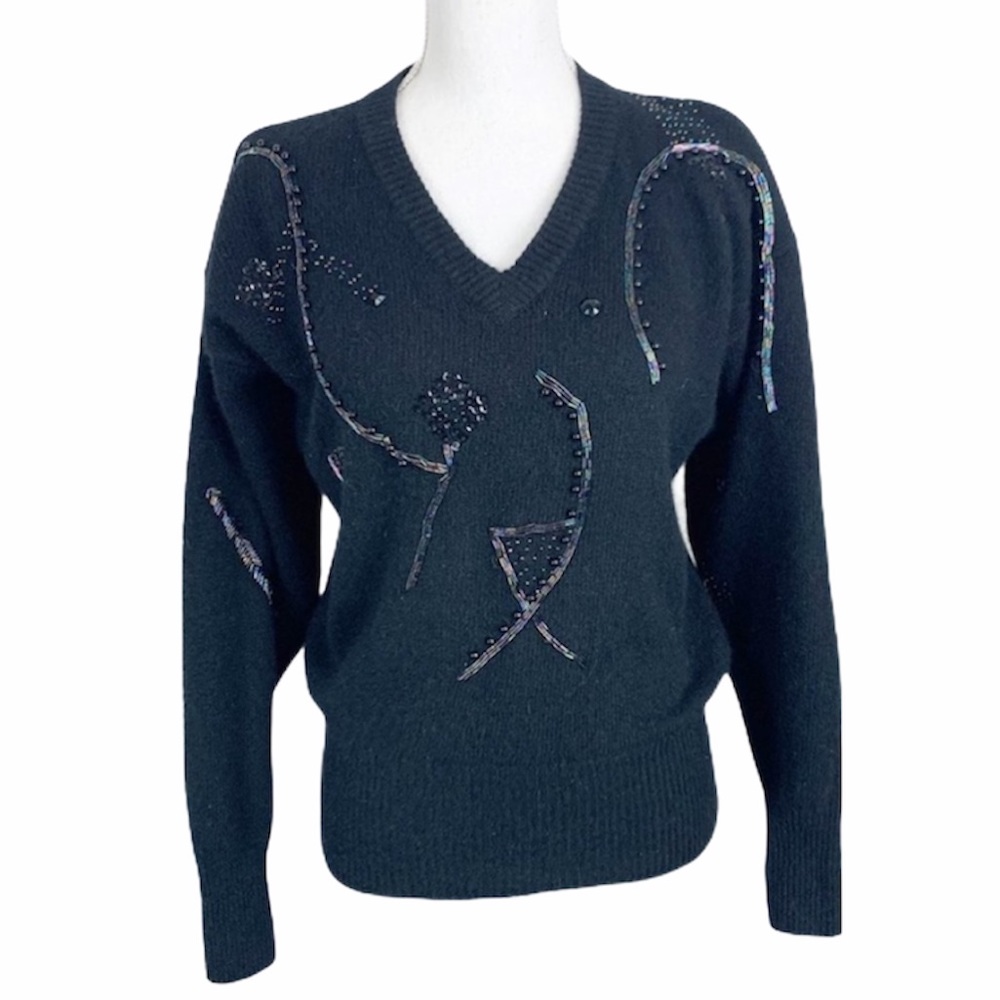 Alexandria Sweater Women Small Black Sequined Lambs Wool Angora Pullover Vintage